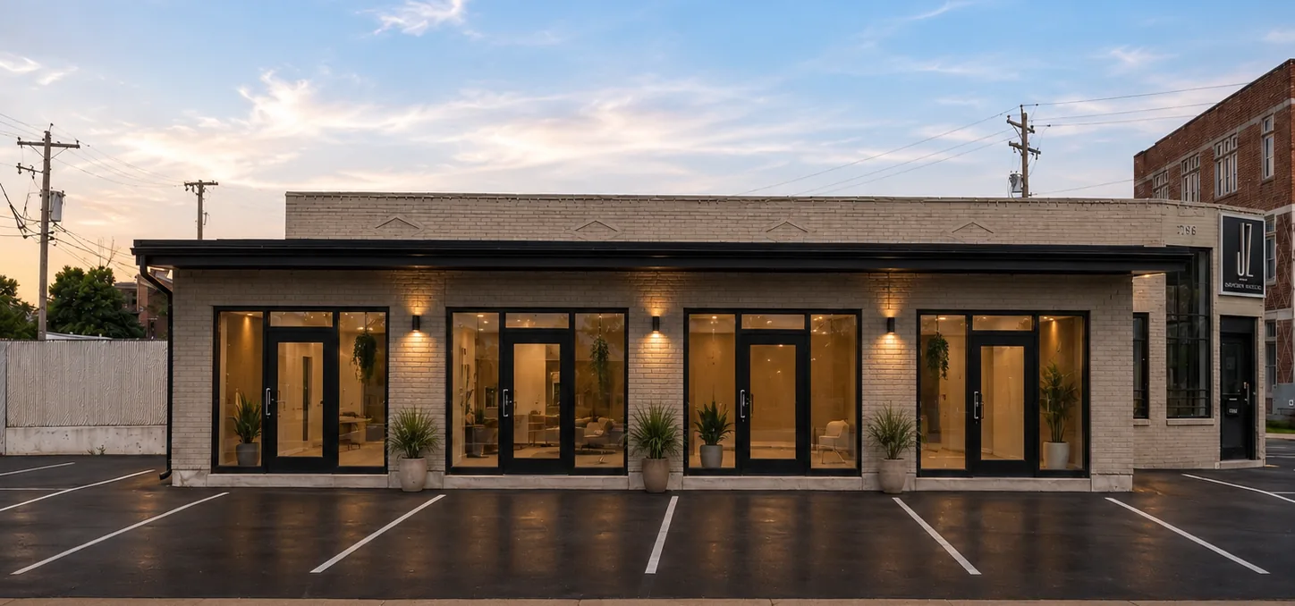 Exterior rendering of the four new storefront suites at 7195 Manchester Road, Maplewood, lit at dusk